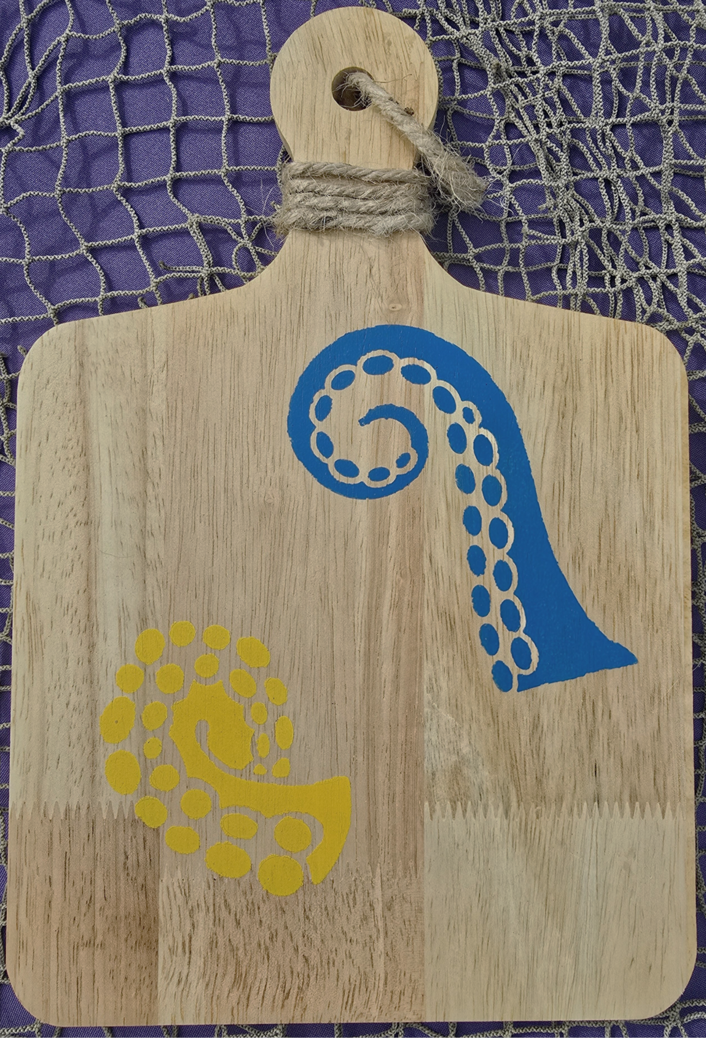 Octopus Blue & Yellow Handcrafted Wood Cutting Board (Decor Only)