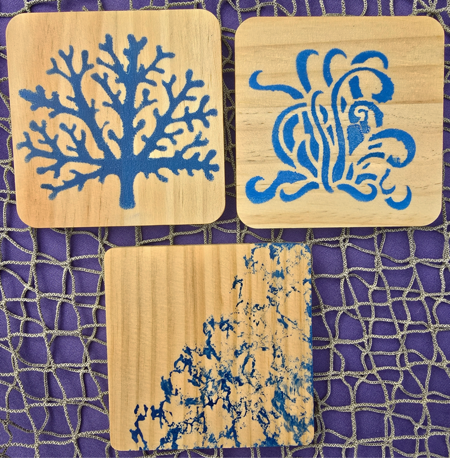Set of 3 Blue Hand Designed Square Drink Coasters