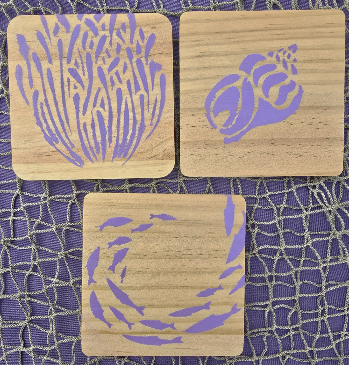 Set of 3 Purple Hand Designed Square Drink Coasters