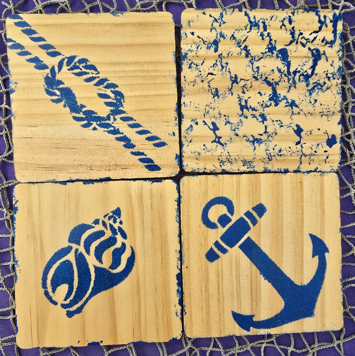 Set of 4 Blue Hand Designed Square Drink Coasters