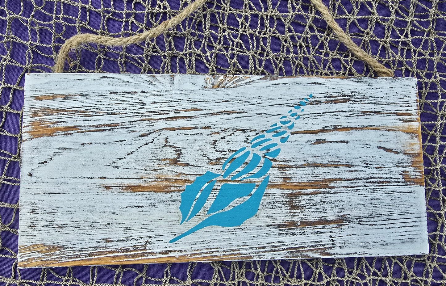 Blue Twist Seashell Hanging Wood Sign